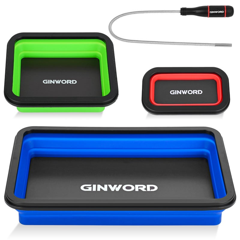GINWORD 3Pcs Foldable Magnetic Partsn Trays Set with 3LBS Magnetic Pick-up Tool, 3 Size Silicone Magnetic Tool for Organizing Screws, Bolts, Nuts, Washers, Pins, and Other Small Metal Parts - Image 1
