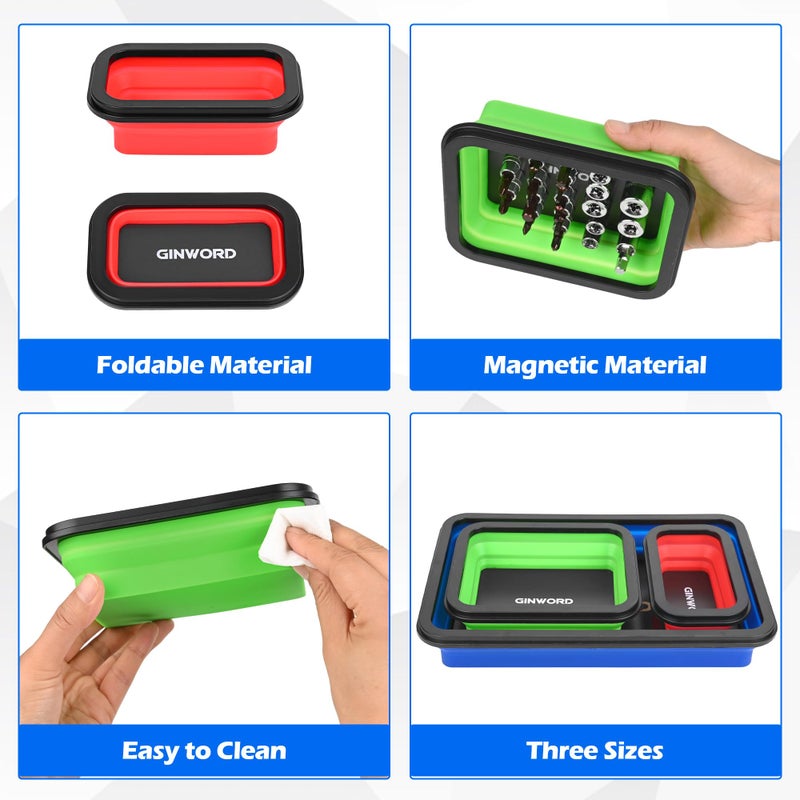 GINWORD 3Pcs Foldable Magnetic Partsn Trays Set with 3LBS Magnetic Pick-up Tool, 3 Size Silicone Magnetic Tool for Organizing Screws, Bolts, Nuts, Washers, Pins, and Other Small Metal Parts - Image 3