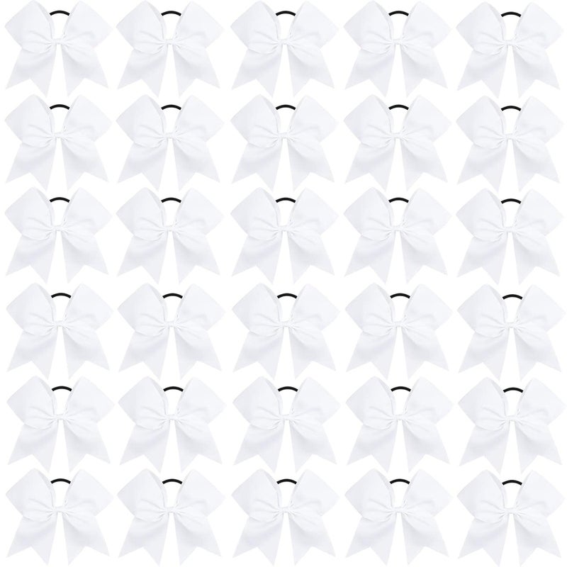 CN 30PCS 8 Large Cheer Bows Cheerleading Bows Ponytail Holder for Girls Grosgrain Ribbon White Cheer Hair Bows with Elastic Hair Tie for Cheerleader College Sports Softball Competition white