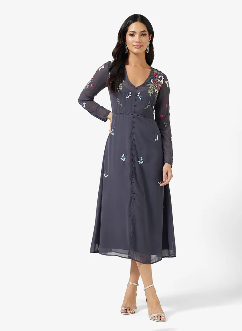 هوب اند ايفي Long Sleeve Embellished V-Neck Midi Dress