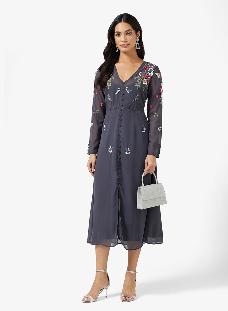 Hope & Ivy Long Sleeve Embellished V-Neck Midi Dress - Image 1