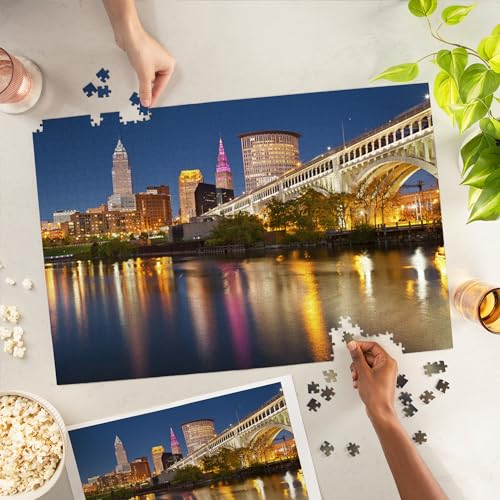 Lantern Press Cleveland Ohio Colorful Cleveland Skyline at Night Photo A92982 1000 Piece Jigsaw Puzzle for Adults Made in USA with Reference Poster - Image 5