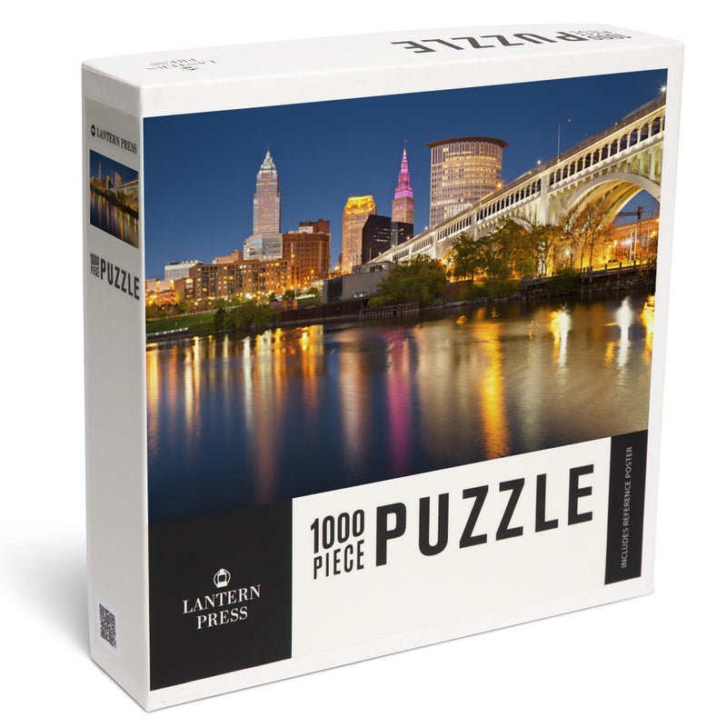 Lantern Press Cleveland Ohio Colorful Cleveland Skyline at Night Photo A92982 1000 Piece Jigsaw Puzzle for Adults Made in USA with Reference Poster - Image 3