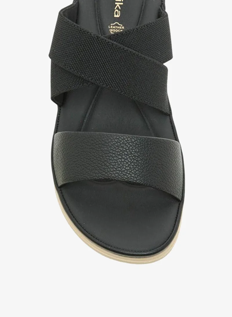 Paprika BLACK Women's Textured Slip-On Cross Strap Sandals with Flat Heels for Women | Best Price UAE