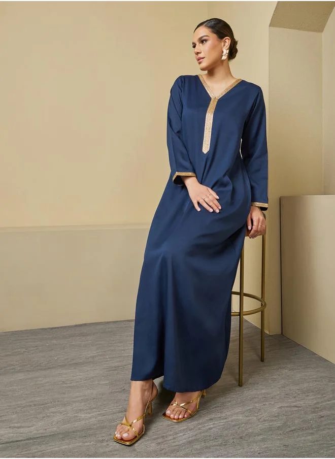 Styli Texture V-Neck A-Line Jalabiya with Lace Detail