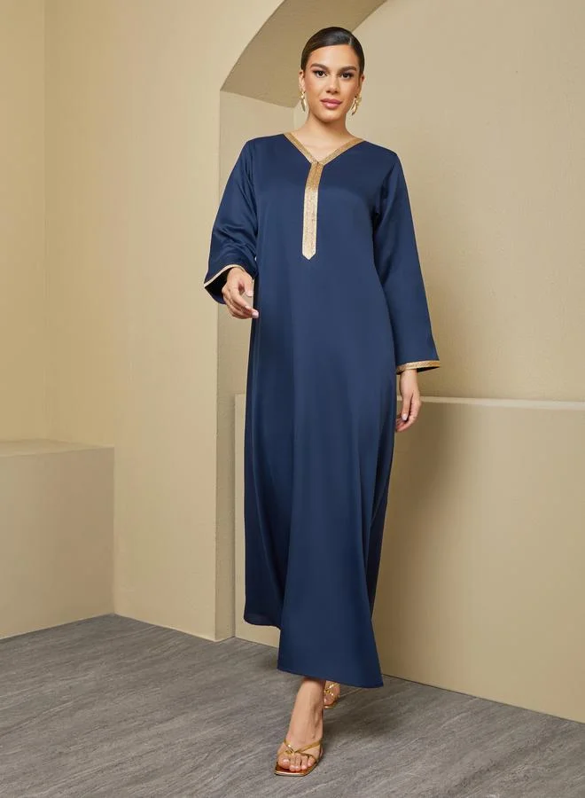 ستايلي Texture V-Neck A-Line Jalabiya with Lace Detail
