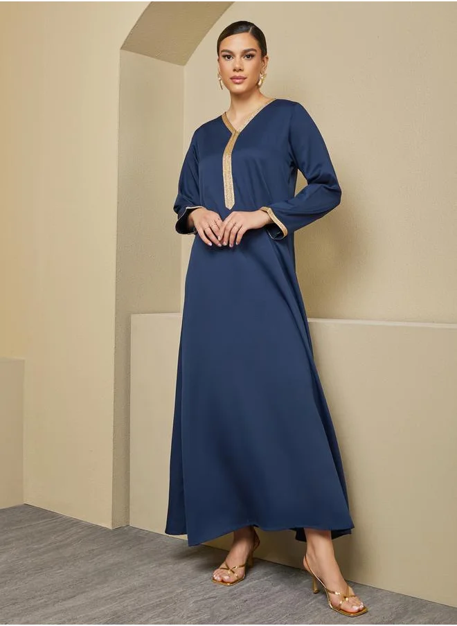 Styli Texture V-Neck A-Line Jalabiya with Lace Detail