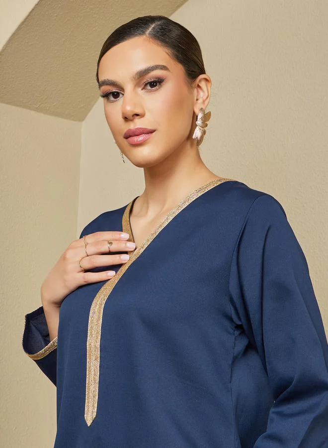 ستايلي Texture V-Neck A-Line Jalabiya with Lace Detail