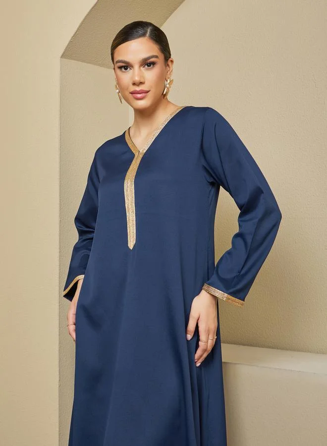 ستايلي Texture V-Neck A-Line Jalabiya with Lace Detail