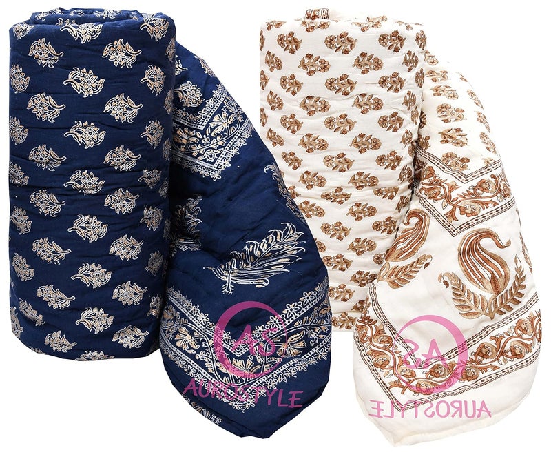 WORLDNEX 400 TC Pure Cotton Jaipuri Design Printed Light Weight Traditional Rajasthani Print Single Bed QuiltRazaiRajai Design 21 Single Bed Set of 2 Combo Set - Image 1