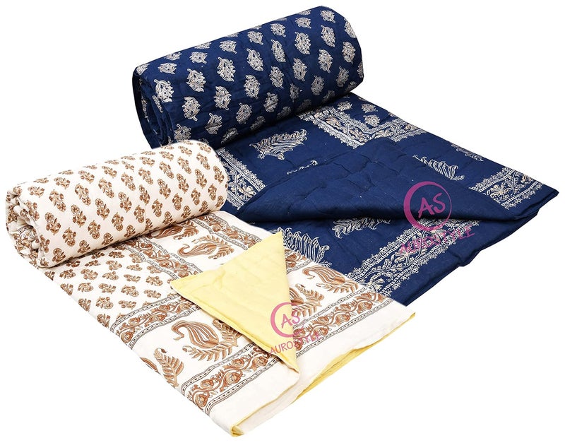WORLDNEX 400 TC Pure Cotton Jaipuri Design Printed Light Weight Traditional Rajasthani Print Single Bed QuiltRazaiRajai Design 21 Single Bed Set of 2 Combo Set - Image 2