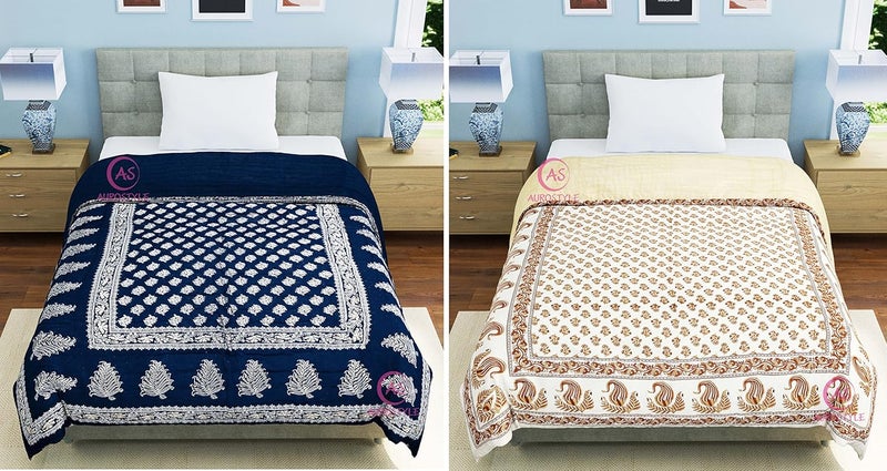 WORLDNEX 400 TC Pure Cotton Jaipuri Design Printed Light Weight Traditional Rajasthani Print Single Bed QuiltRazaiRajai Design 21 Single Bed Set of 2 Combo Set - Image 5