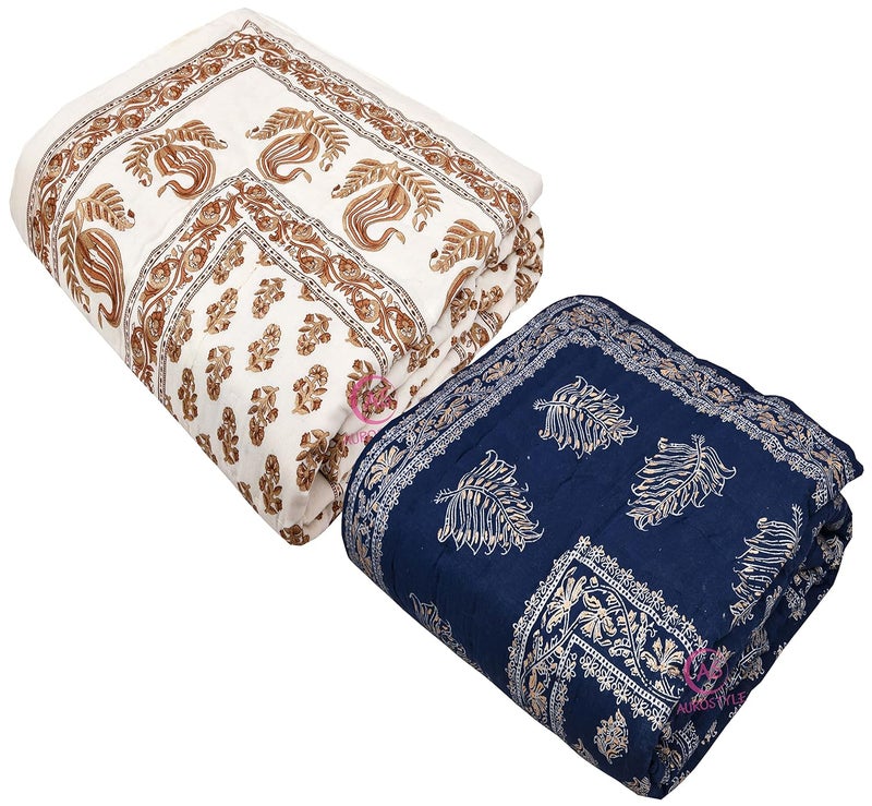 WORLDNEX 400 TC Pure Cotton Jaipuri Design Printed Light Weight Traditional Rajasthani Print Single Bed QuiltRazaiRajai Design 21 Single Bed Set of 2 Combo Set - Image 3