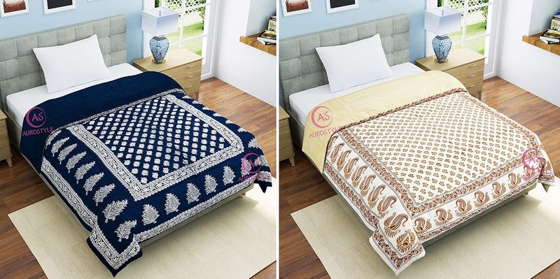 WORLDNEX 400 TC Pure Cotton Jaipuri Design Printed Light Weight Traditional Rajasthani Print Single Bed QuiltRazaiRajai Design 21 Single Bed Set of 2 Combo Set - Image 4