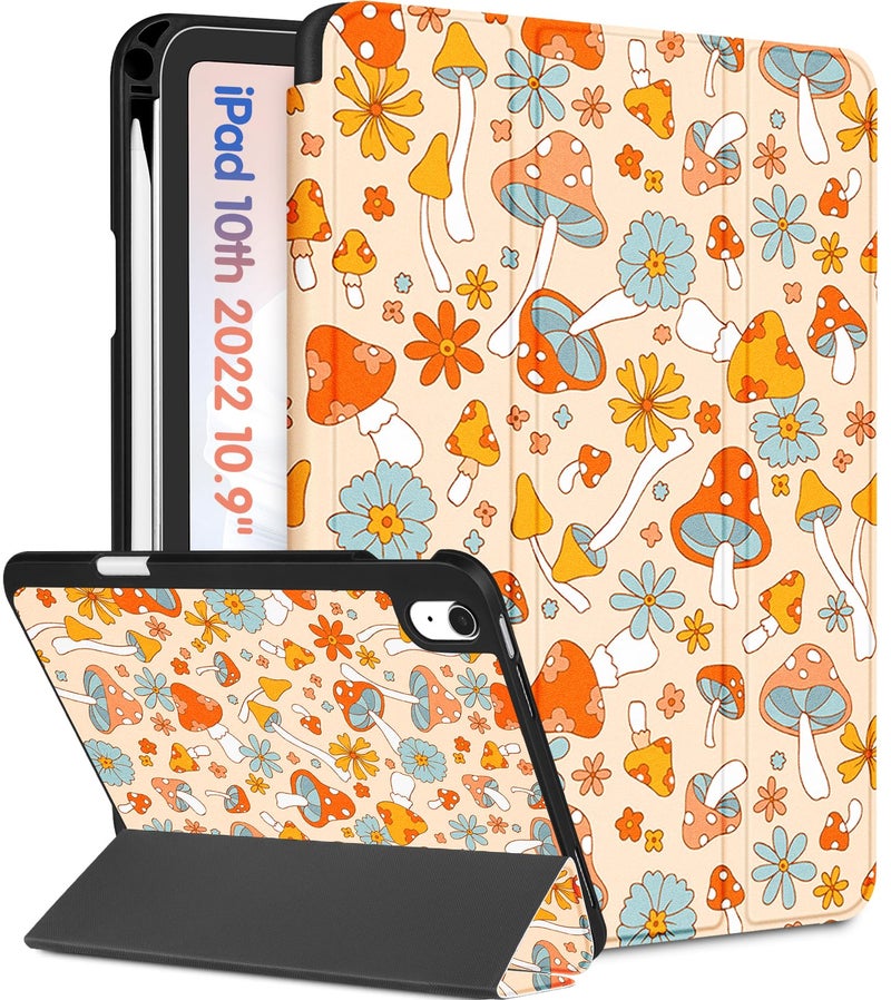 Wazzasoft for iPad A16 Case 2025 for iPad 10th Generation Case Cute Women Girls Kids Girly Kawaii Mushroom Design Pencil Holder Auto SleepWake Tablet Cover for Apple 1110 109 Inch