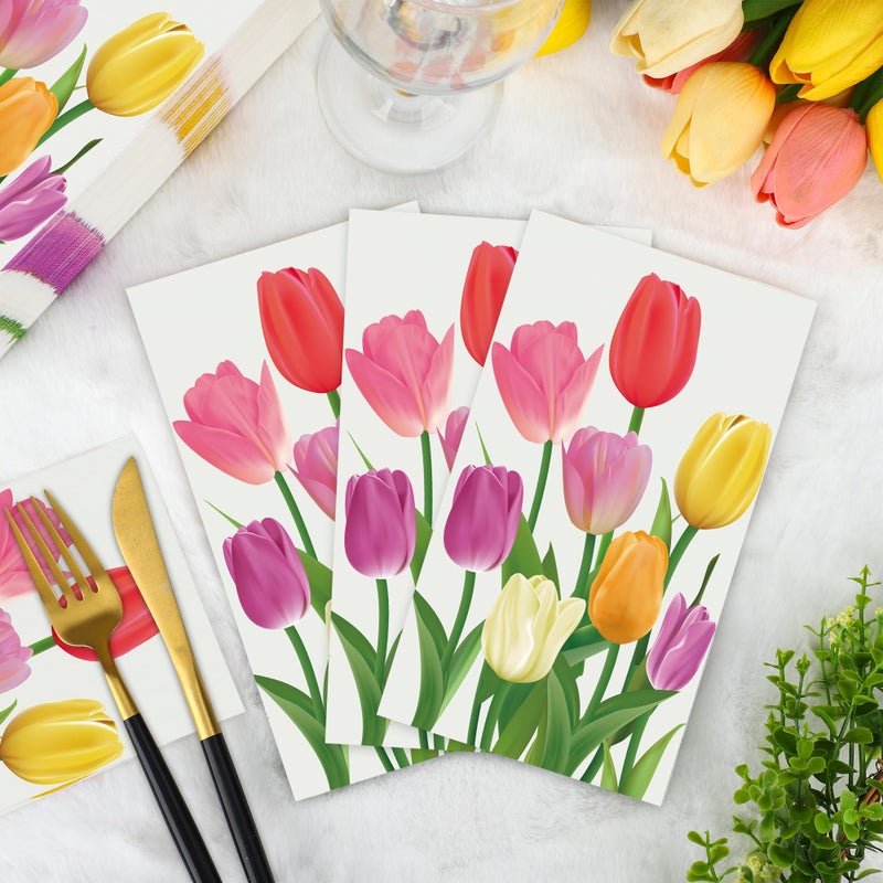 peony man 100 Pcs Spring Floral Guest Napkins Tulip Paper Napkin 3 Ply Disposable Spring Flower Party Napkins Watercolor Floral Dinner Paper Hand Towels for Bathroom Bridal Shower Wedding Birthday Party Supply  - Image 3