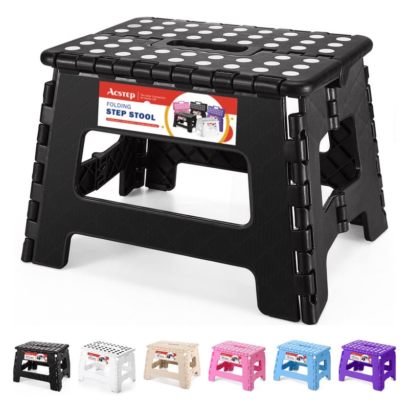 ACSTEP Folding Step Stool 9 Tall Kids Step Stool Holds Up to 300 lb Plastic Foldable Step Stools for Kids NonSlip Surface with Carry Handle Collapsible Stool for Home Outdoor and IndoorBlack