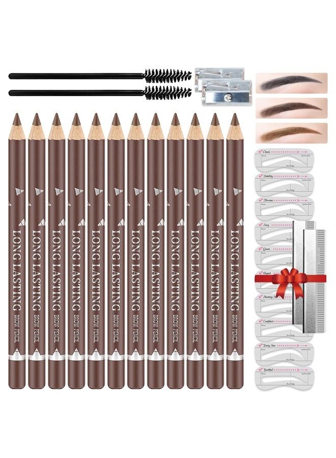 LOKFAR 12 PCS Eye-Brow Pencil Set, Waterproof Eyebrow Pencil Microblading Eyebrow Pen Supplies Kit, Eyebrow Tattoo Makeup with 2 Sharpener, 10 Brow Stencils and Eyebrows Essential Tools (Medium Brown) - Image 1
