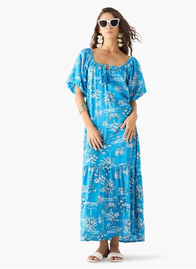 فاف Floral Print A-line Maxi Dress with Short Sleeves