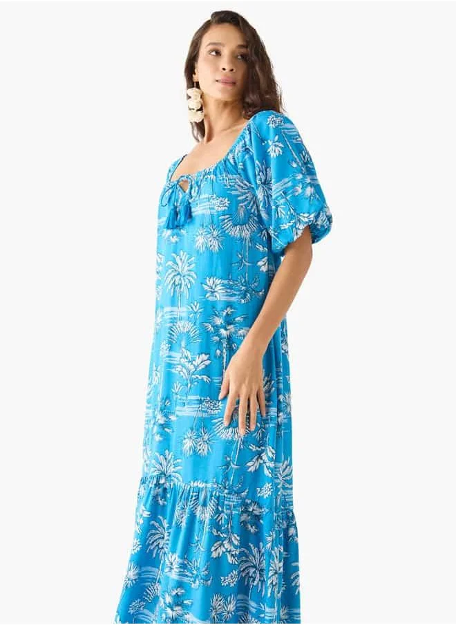 فاف Floral Print A-line Maxi Dress with Short Sleeves