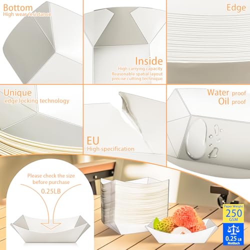 MotBach 100 Pack 1/4 Lb Paper Food Boat Trays,White Disposable Small Paper Boats Plates Containers, 0.25Lb Mini Kraft Food Serving Boat Tray Bowls for Snack Fries Dessert Popcorn Sauce BBQ Taco Nacho - Image 3