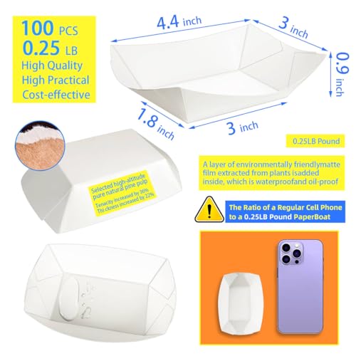 MotBach 100 Pack 1/4 Lb Paper Food Boat Trays,White Disposable Small Paper Boats Plates Containers, 0.25Lb Mini Kraft Food Serving Boat Tray Bowls for Snack Fries Dessert Popcorn Sauce BBQ Taco Nacho - Image 2