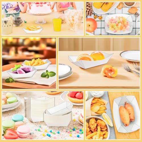 MotBach 100 Pack 1/4 Lb Paper Food Boat Trays,White Disposable Small Paper Boats Plates Containers, 0.25Lb Mini Kraft Food Serving Boat Tray Bowls for Snack Fries Dessert Popcorn Sauce BBQ Taco Nacho - Image 5