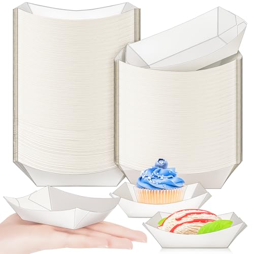 MotBach 100 Pack 1/4 Lb Paper Food Boat Trays,White Disposable Small Paper Boats Plates Containers, 0.25Lb Mini Kraft Food Serving Boat Tray Bowls for Snack Fries Dessert Popcorn Sauce BBQ Taco Nacho - Image 1
