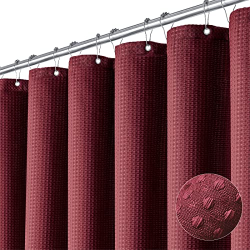 Dynamene Burgundy Fabric Shower Curtain - Waffle Weave Textured Heavy Duty Cloth Shower Curtains for Bathroom, 256GSM Hotel Luxury Weighted Bath Curtain Set with 12 Plastic Hooks,72x72, Burgundy - Image 1