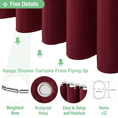 Dynamene Burgundy Fabric Shower Curtain - Waffle Weave Textured Heavy Duty Cloth Shower Curtains for Bathroom, 256GSM Hotel Luxury Weighted Bath Curtain Set with 12 Plastic Hooks,72x72, Burgundy - Image 5