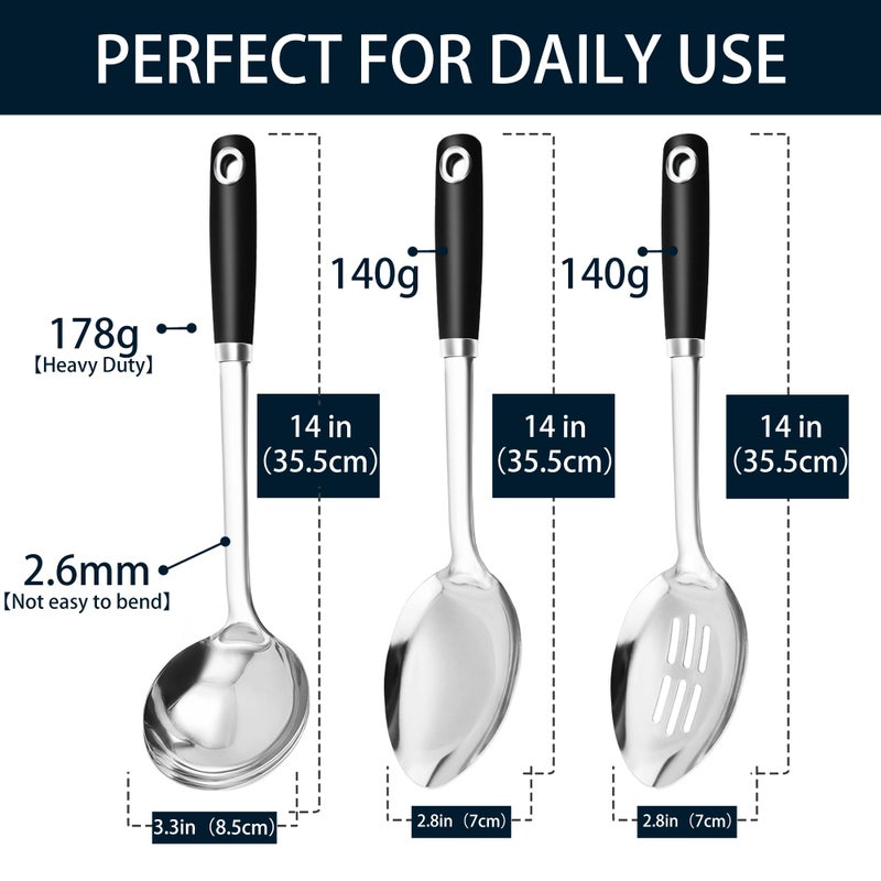 MUJINON 14-in Cooking Spoons Set, Heavy Duty 18/0 Stainless Steel Large Serving Spoons Set, Slotted Spoon, Cooking Spoon & Soup Ladle, Commercial and Residential Use, Pack of 3 - Image 3