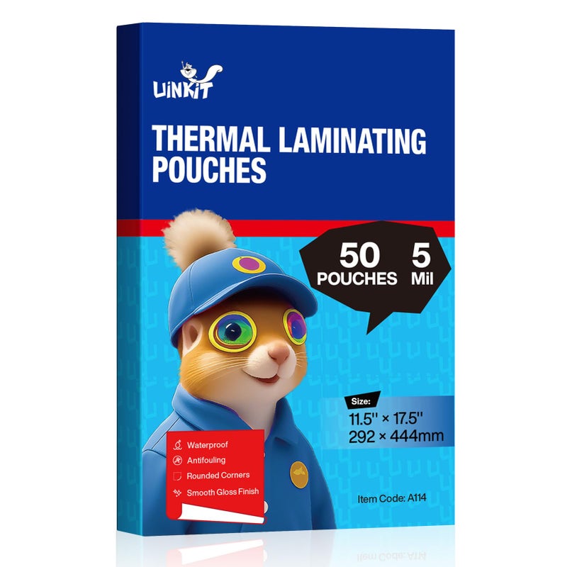 Uinkit Hot Thermal Laminating Pouches 5Mil Thick for Extra Protection 11.5x17.5 inches Laminating Sheets for Sealed 11x17inches Document and Photo 50 Pack A3 Menu Taloid Size