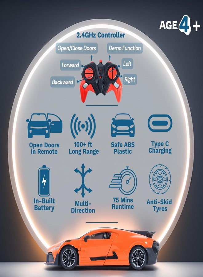 Popsugar Door Opening Remote Control Car|Rechargeable 1200mAh Lithium Battery|C-Type Charging|75-Min Runtime|2.4G Long Range Remote (100+ ft)|HighSpeed RC Car|Gift for Kids|Made in India (Orange) - Image 2