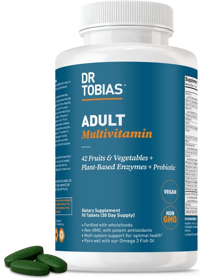 Dr. Tobias Adult Multivitamin for Women & Men, Immune Supporting Vitamins from 42 Fruits, Vegetables, Plus Probiotics, Vegan Multivitamins for Men & Women, Non-GMO, 90 Tablets, 30 Servings - Image 1