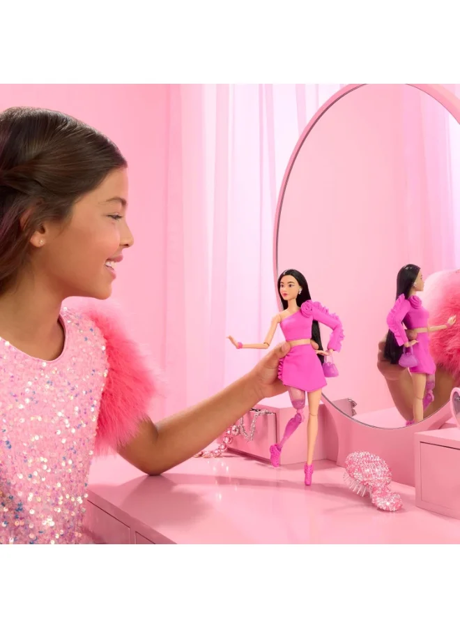 Barbie Deluxe Style Doll #2 in Barbiecore Outfit, Black Hair and Glittery Prosthetic Leg, Pink Top and Skirt Set with Rosette Detail and Accessories​​