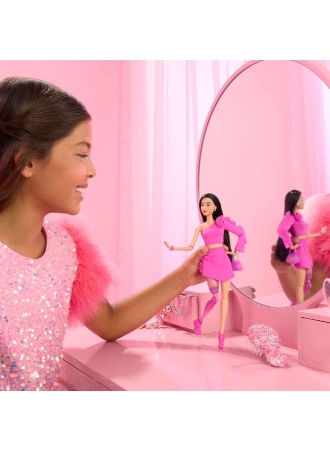 Barbie Deluxe Style Doll #2 in Barbiecore Outfit, Black Hair and Glittery Prosthetic Leg, Pink Top and Skirt Set with Rosette Detail and Accessories​​ - Image 2