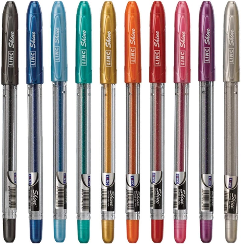Linc 10 x Shine Sparkled GLITTER Gel Pens 0.7 mm FINE Tip 10 colours - Image 1