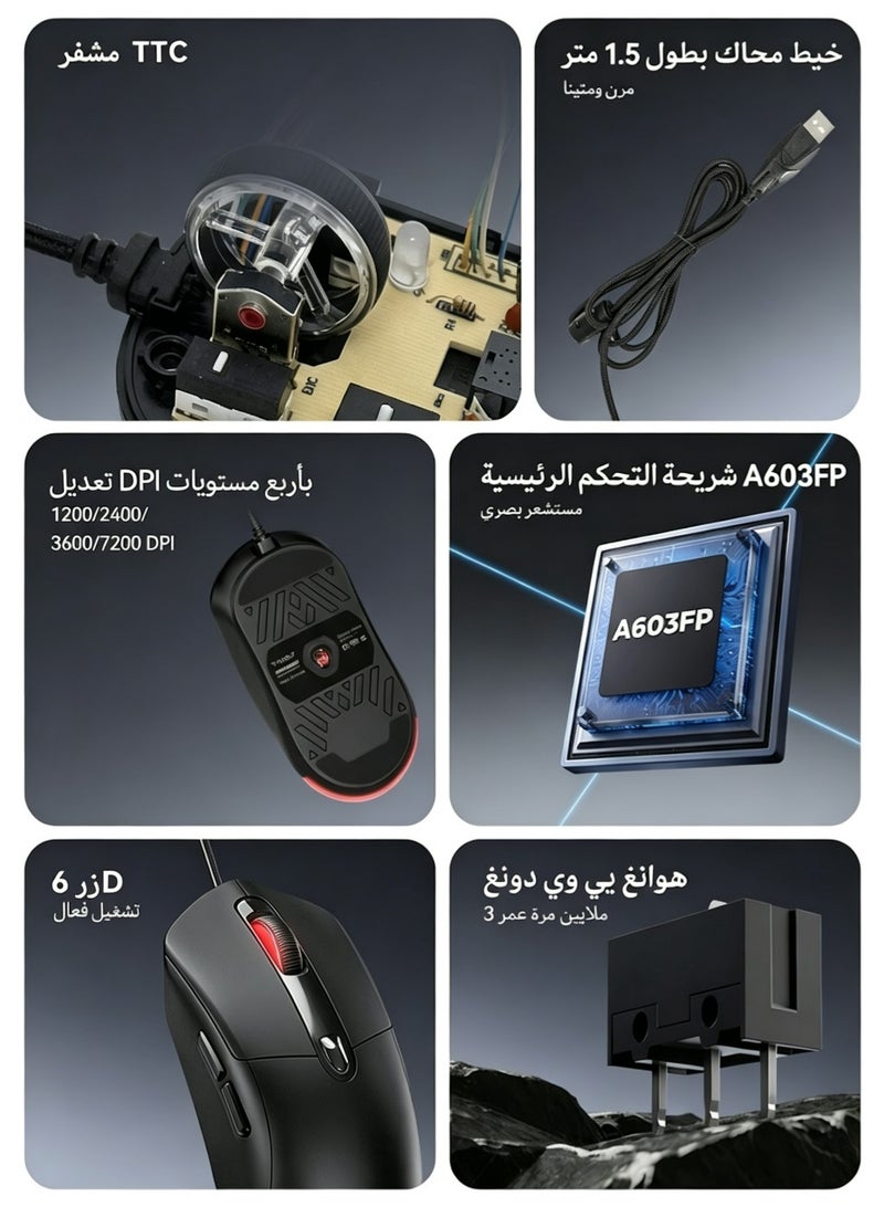 تي- وولف ماوس الألعاب السلكي T-WOLF G550 مع دقة 7200 DPI وإضاءة خلفية RGB قابلة للتعديل و6 أزرار وماوس بصري مريح لأجهزة الكمبيوتر، مع ملصق أحمر مقاوم للانزلاق - Image 2
