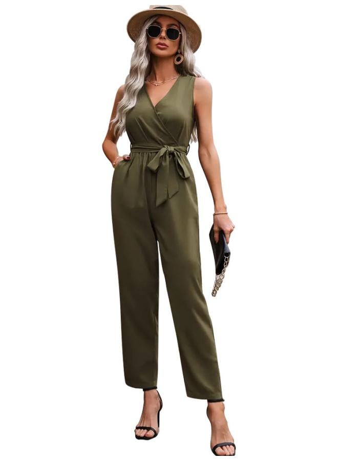 Women's Clothing Summer New Elegant Commuter Sleeveless Cross Collar Waist Lace-up Jumpsuit Casual Pants For Women 