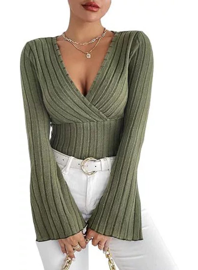 general Ribbed stripe V-neck fitted long-sleeved women's t-shirt - Image 1
