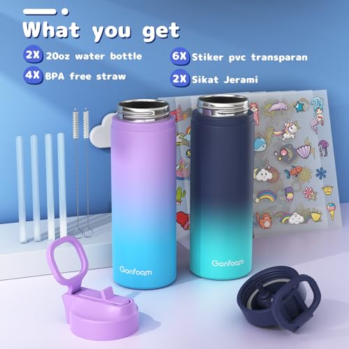 Gonfoam Kids Water Bottle 2Pack 20oz Water Bottles with Stickers and Straw Stainless Steel Vacuum Insulated cup Kids Water Bottle for School Gifts for Boys and GirlsBluePurple - Image 3