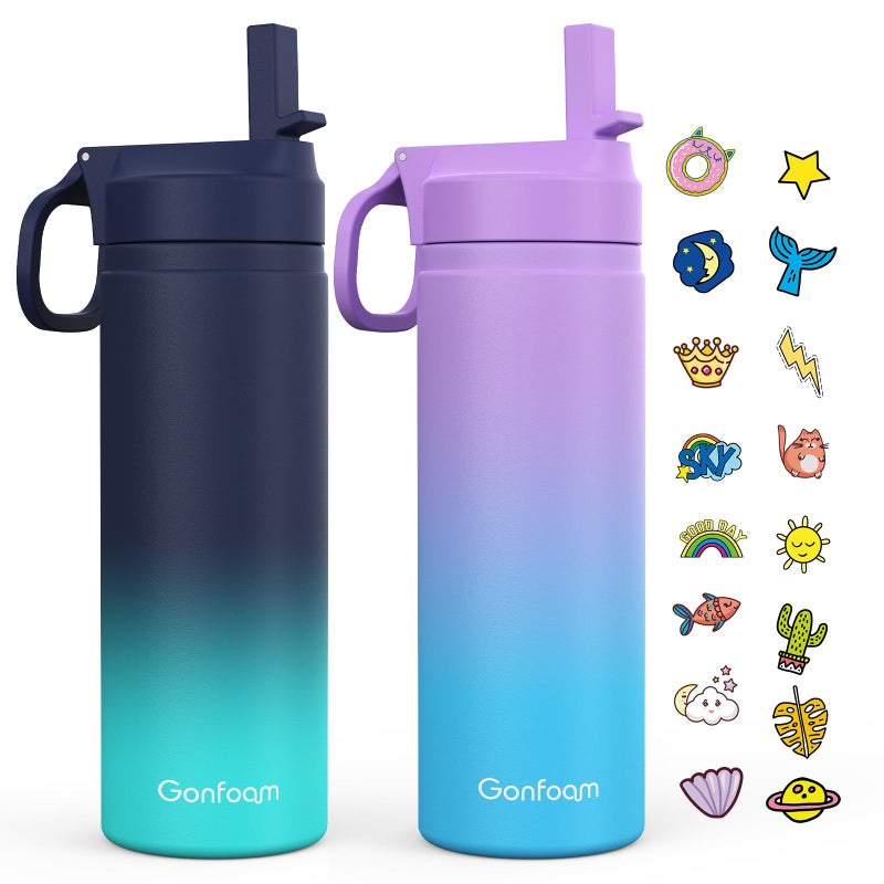 Gonfoam Kids Water Bottle 2Pack 20oz Water Bottles with Stickers and Straw Stainless Steel Vacuum Insulated cup Kids Water Bottle for School Gifts for Boys and GirlsBluePurple - Image 2