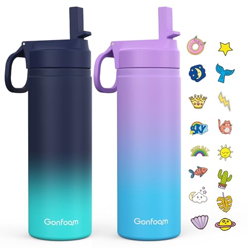 Gonfoam Kids Water Bottle 2Pack 20oz Water Bottles with Stickers and Straw Stainless Steel Vacuum Insulated cup Kids Water Bottle for School Gifts for Boys and GirlsBluePurple - Image 1