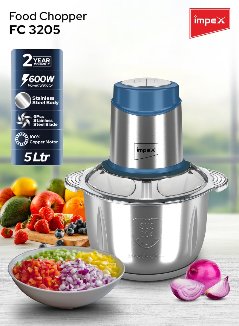 Impex Electric Food Chopper 5 Ltr, 2 Speed Adjustable Meat Grinder, 6Pcs Stainless Steel Blade, Stainless Steel Body,600W Multi Food Chopper For Meat, Vegetables, Fruits And Nuts 5 L 600 W FC 3205 Silver - Image 2