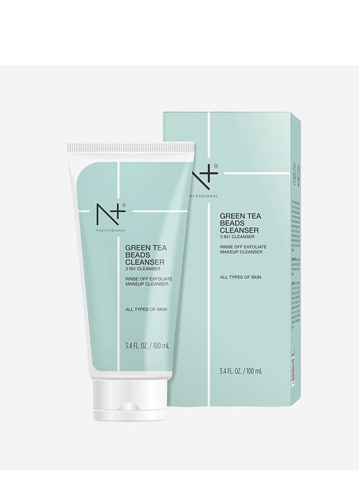 N Plus Professional Green Tea Bead 3-in-1 Cleanser – Face Wash, Exfoliator & Makeup Remover, Enriched with Green Tea Extract, Niacinamide & Rice Bran Beads, Fades Dark Spots & Hydrates Skin, 100ml - Image 1