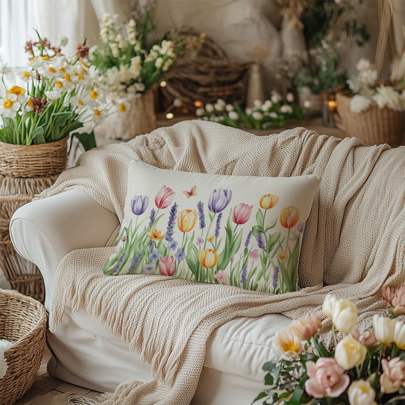 AACORS غطاء وسادة AACORS الربيعي 12x20 بوصة مزين بتوليب وفراشة زينة موسمية للمنزل أريكة AA700-12 - Image 2