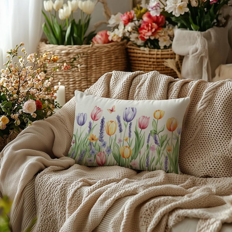 AACORS غطاء وسادة AACORS الربيعي 12x20 بوصة مزين بتوليب وفراشة زينة موسمية للمنزل أريكة AA700-12 - Image 3