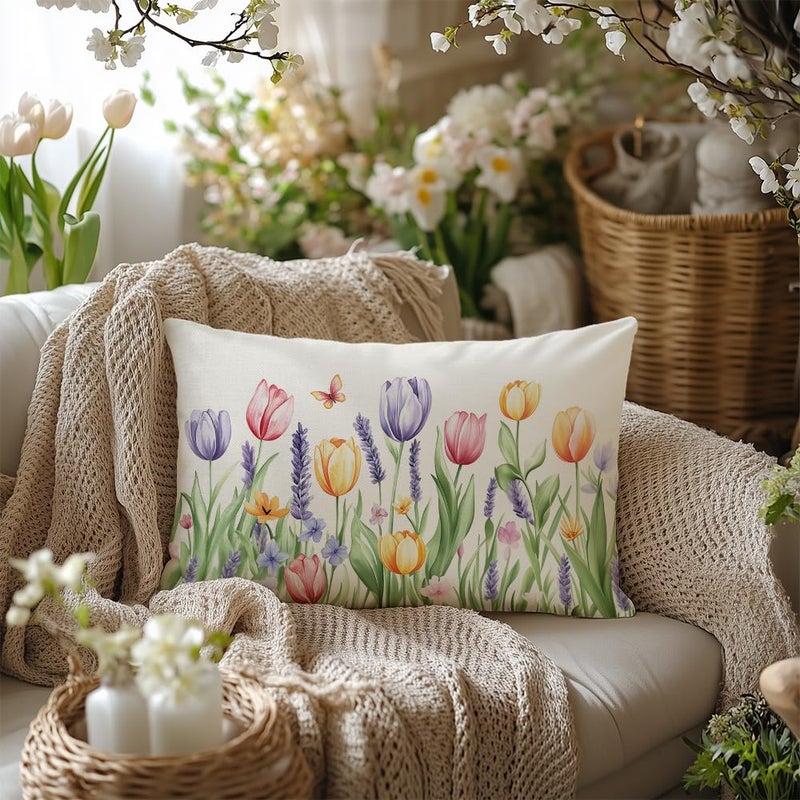 AACORS غطاء وسادة AACORS الربيعي 12x20 بوصة مزين بتوليب وفراشة زينة موسمية للمنزل أريكة AA700-12 - Image 5