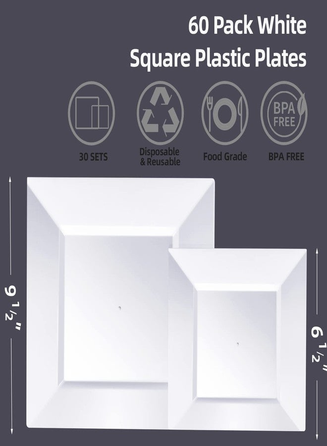 Goodluck 60 Pack Disposable Square Plastic Plates - Heavy Duty Dinner (9.5") & Dessert (6.5") Plates - Fancy for Wedding, Holiday, Birthday - White - Image 3