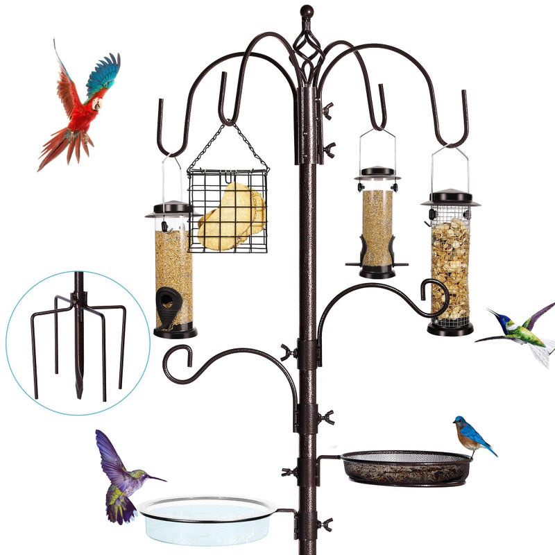 YINGYM 6-Hook Bird Feeding Station Kit, Wild Bird Feeder Stand Pole, Multi-Feeder Kit Stand with 4 Feeders, Bird Bath and Mesh Tray, 94 Inch - Image 1